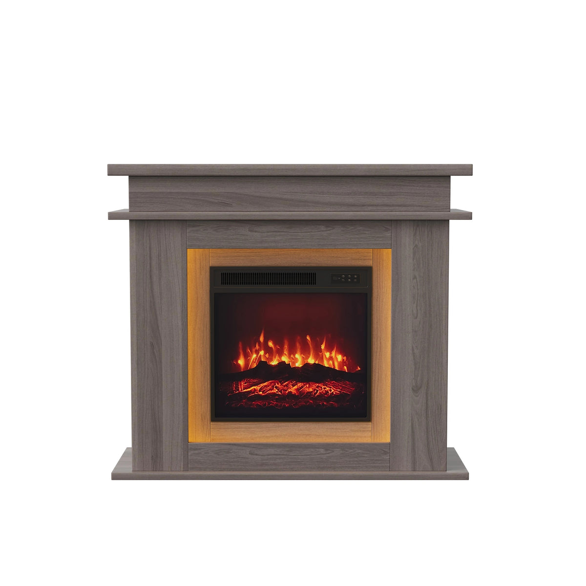 Cheminée électrique avec manteau de 101 cm, finition chêne gris, sur fond blanc