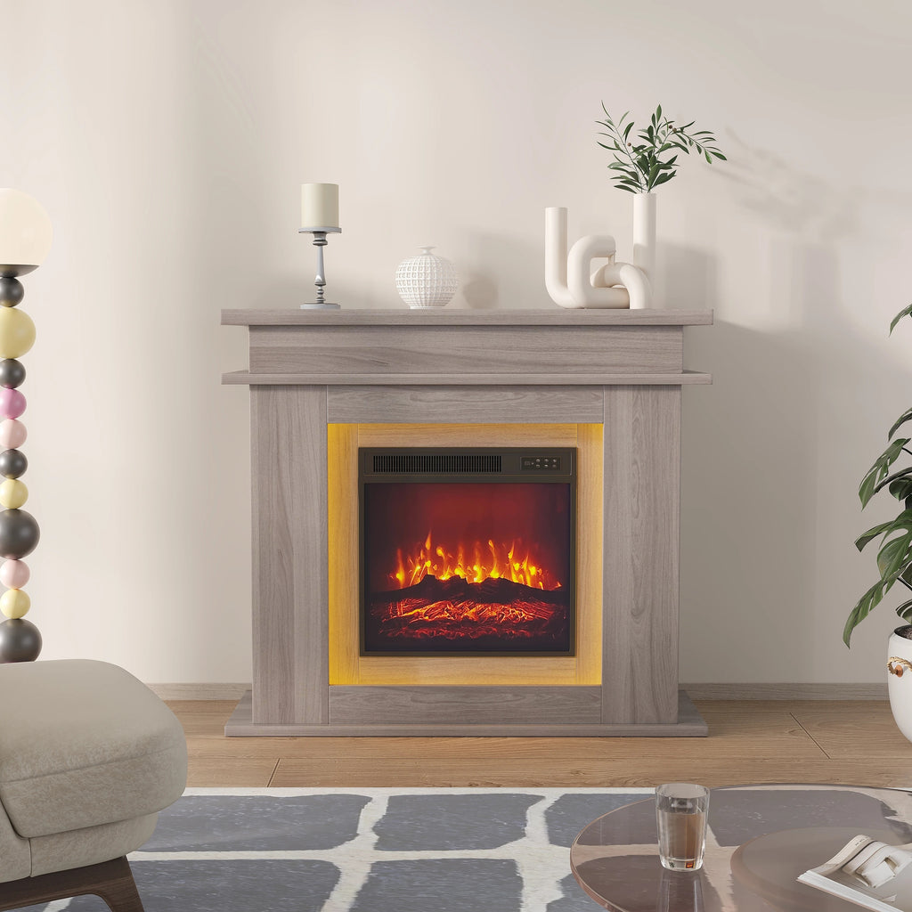 Cheminée électrique avec manteau de 101 cm, finition chêne gris, dans un salon