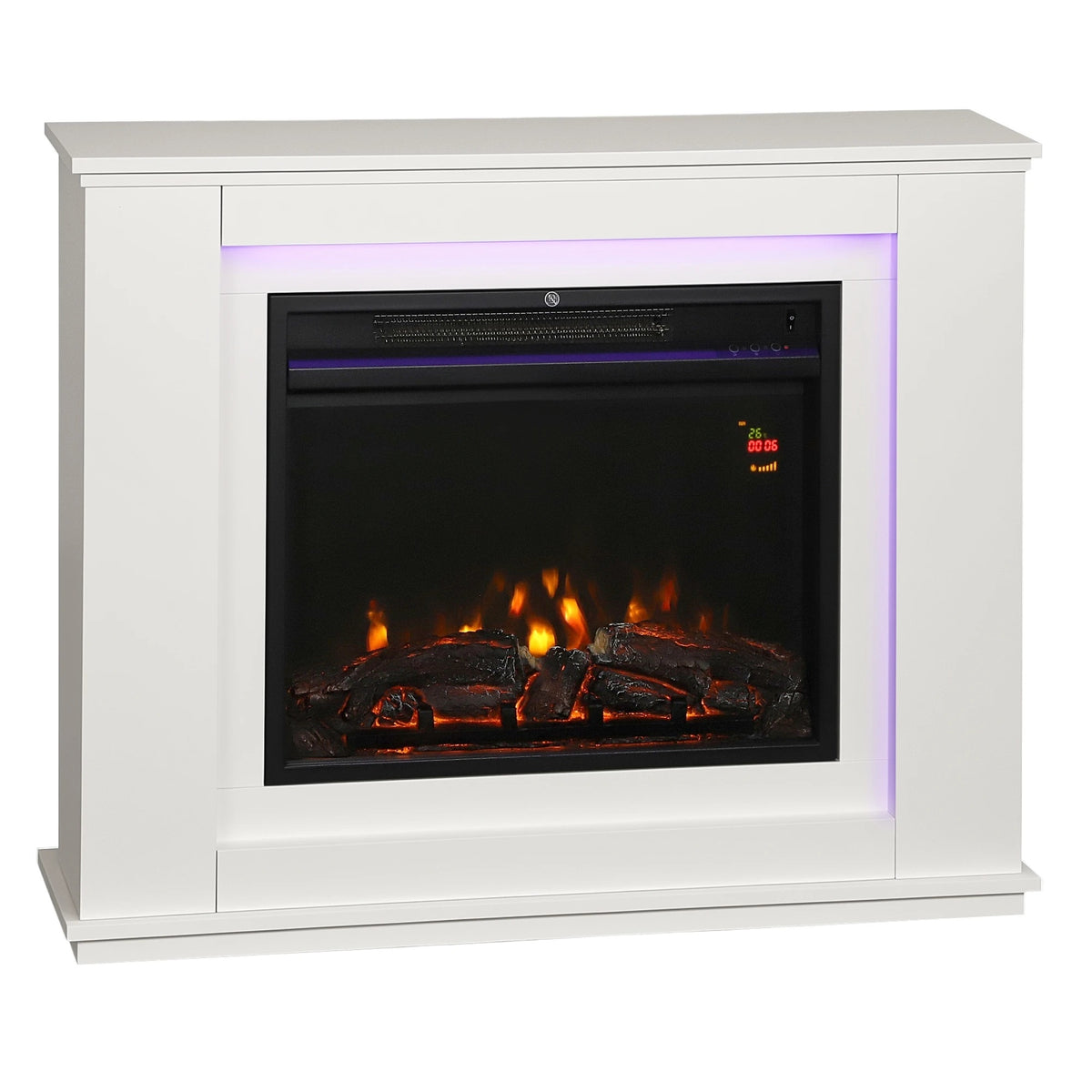Cheminée électrique avec manteau blanc de 98 cm, sur fond blanc