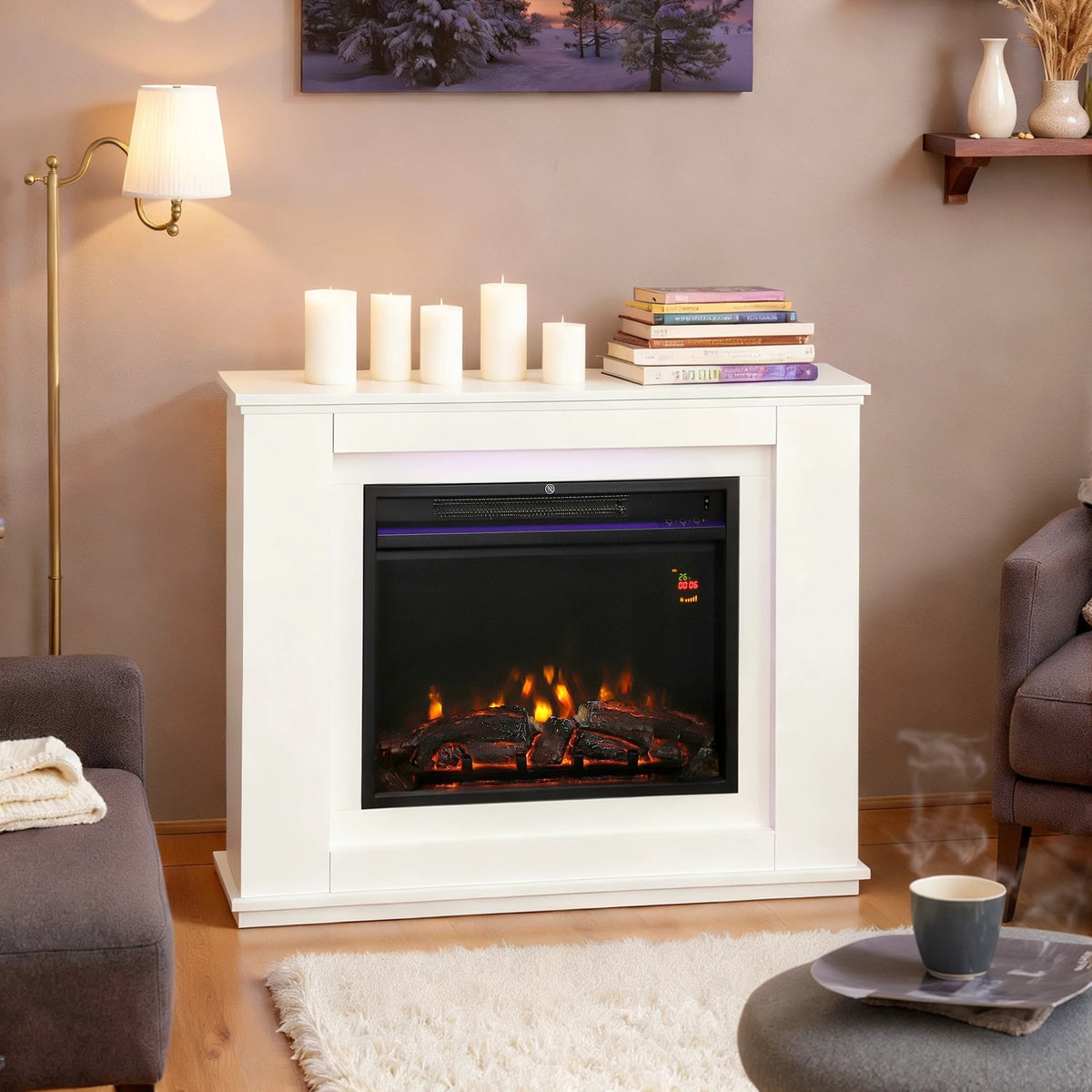 Cheminée électrique avec manteau blanc de 98 cm, dans un salon
