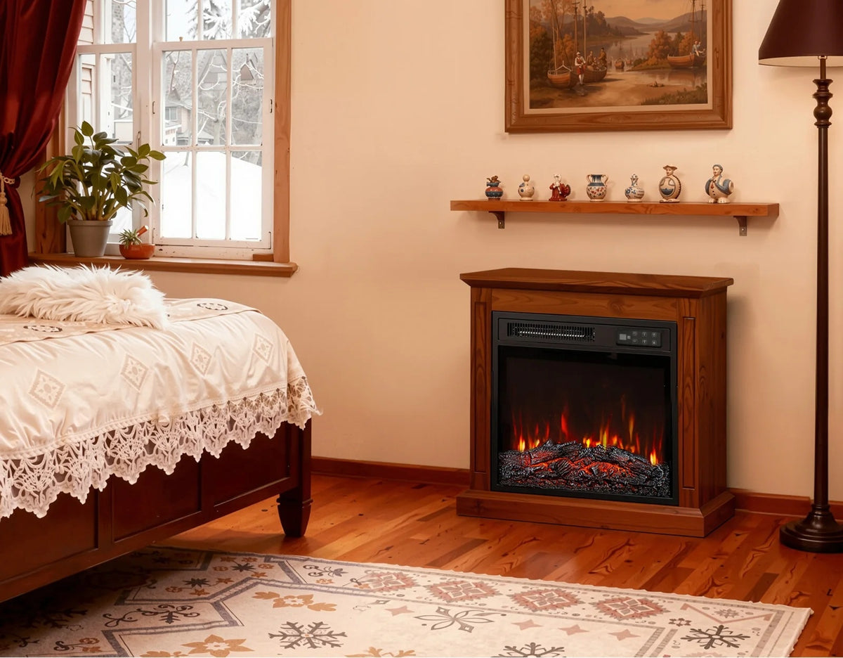 Cheminée électrique avec manteau en bois foncé, dans une chambre