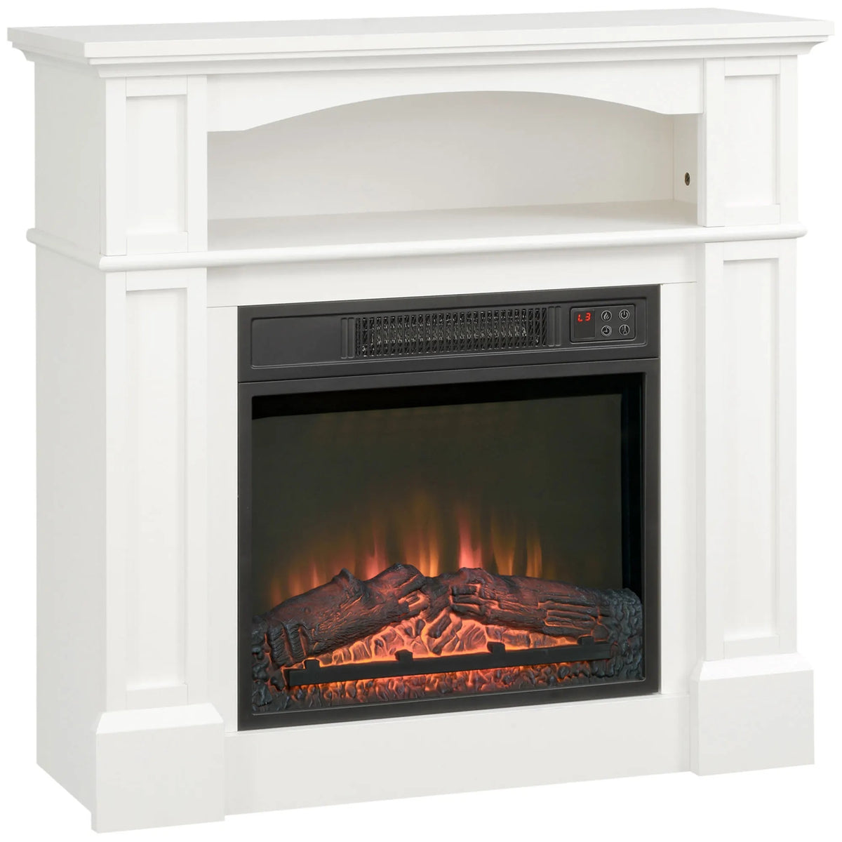 Cheminée électrique avec manteau blanc et étagère, 80 cm, sur fond blanc