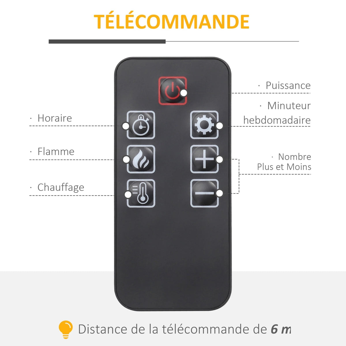 Télécommande fournie avec la cheminée électrique avec manteau et étagère 80 cm