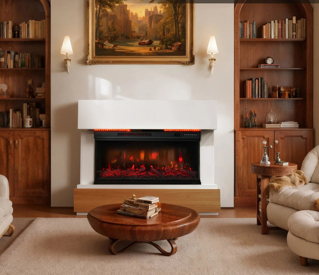 Cheminée électrique panoramique, manteau blanc et socle bois, dans un bureau