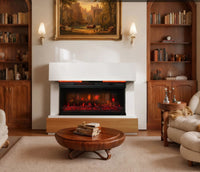 Cheminée électrique panoramique, manteau blanc et socle bois, dans un bureau