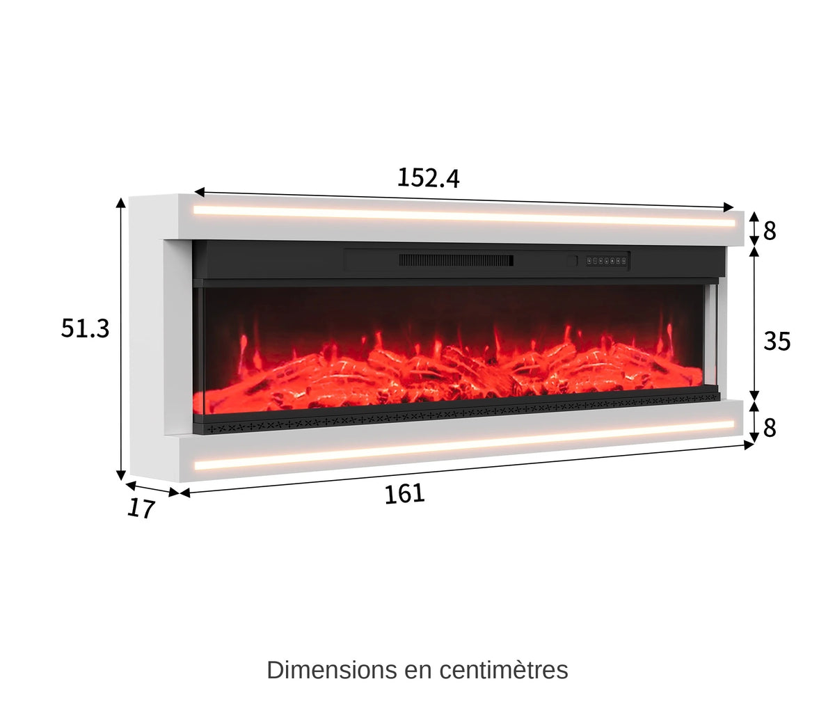 Schéma coté du foyer électrique mural LED, version 161 cm
